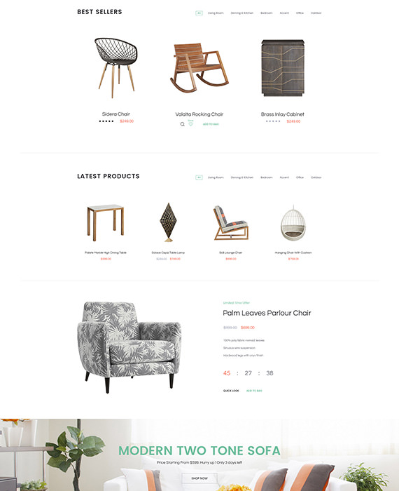 A website with furniture and accessories for sale.