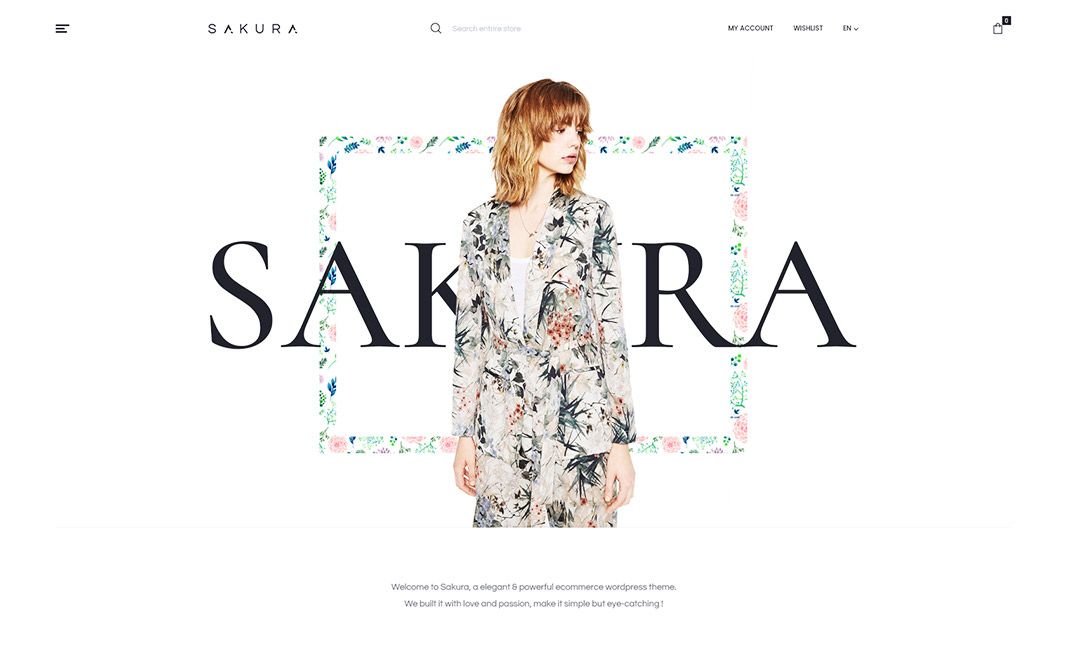 A woman in floral print suit standing next to the word " sakura ".